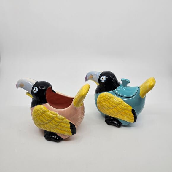 Vintage Bergschrund Seattle 1990 Toucan Pink Blue Set Pair Sugar w/ Lid Creamer - Picture 2 of 16